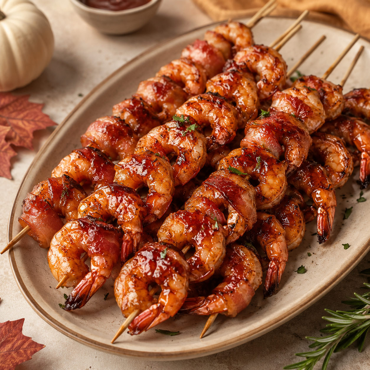 Brochettes de crevettes enrobées de bacon, sauce miel barbecue