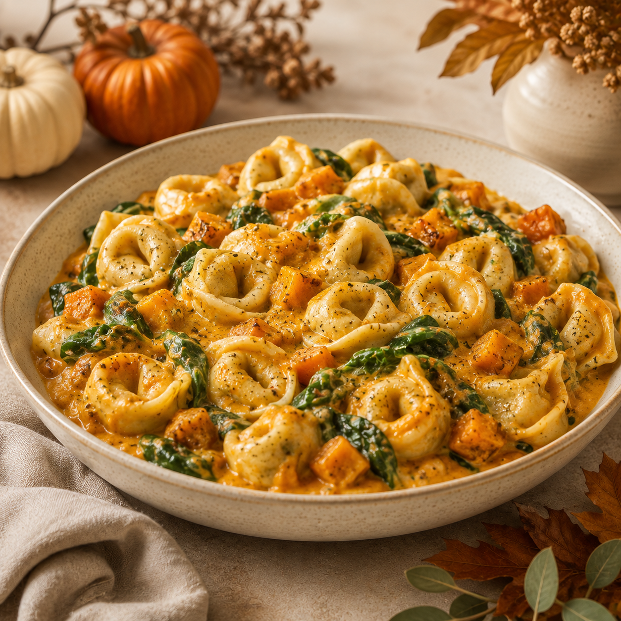A close-up of a creamy orange pasta dish with green spinach and orange chunks in a large beige bowl, styled with small pumpkins, dried leaves, and a neutral fabric on a tabletop.