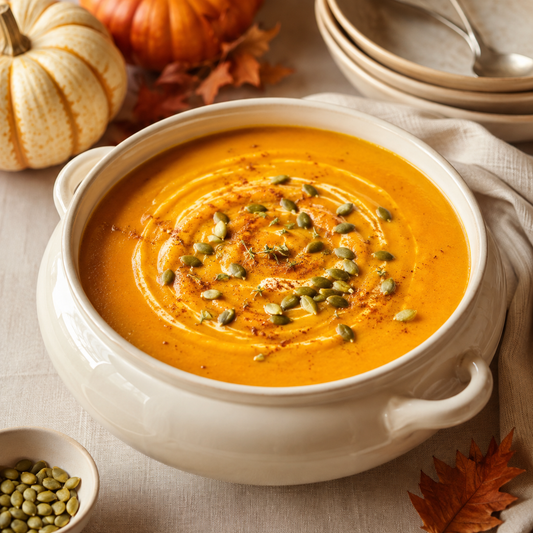 Velouté crémeux de patate douce, courge butternut et potimarron aux épices