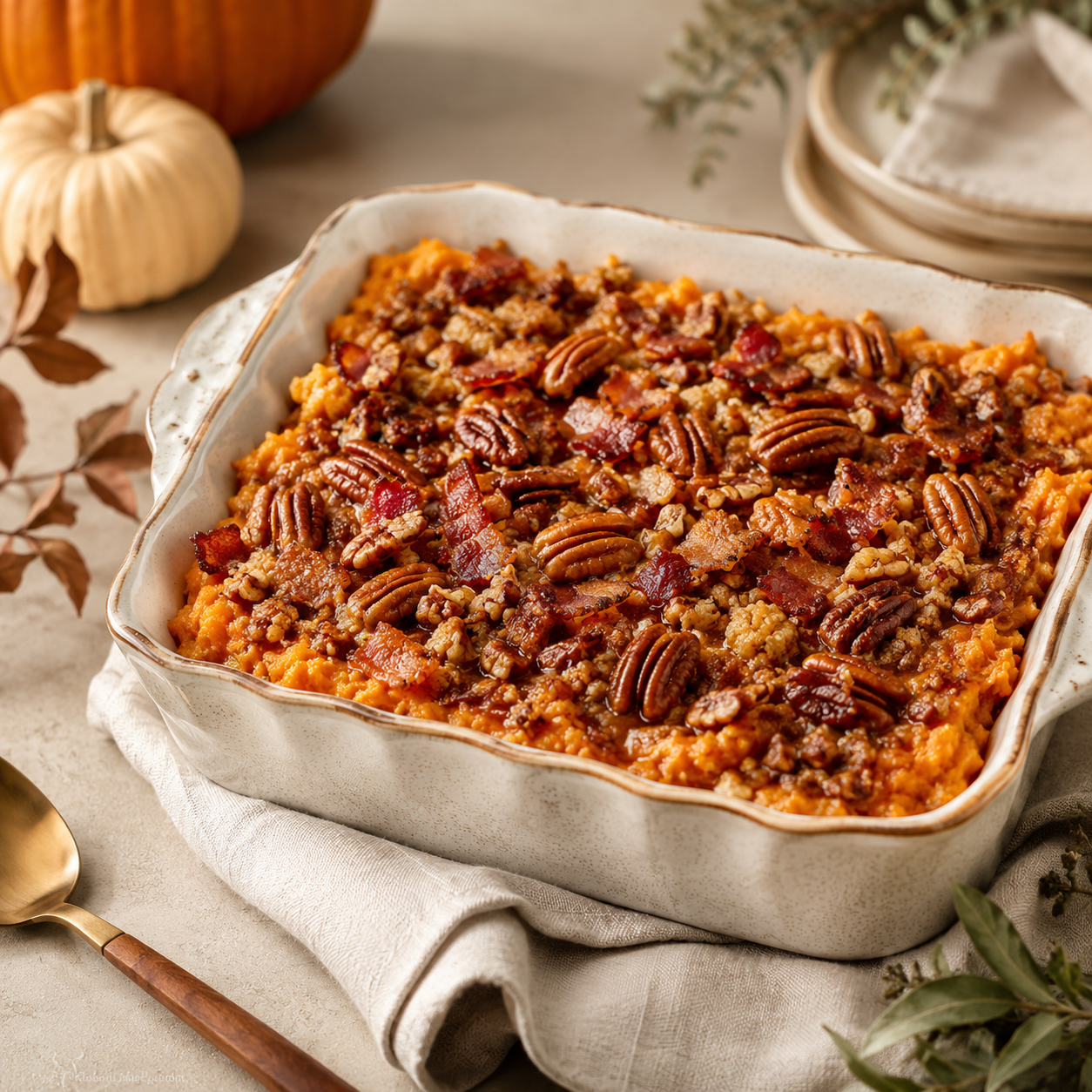 Cassoulet de patates douces au bacon à l'érable et aux pacanes