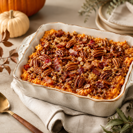 Cassoulet de patates douces au bacon à l'érable et aux pacanes