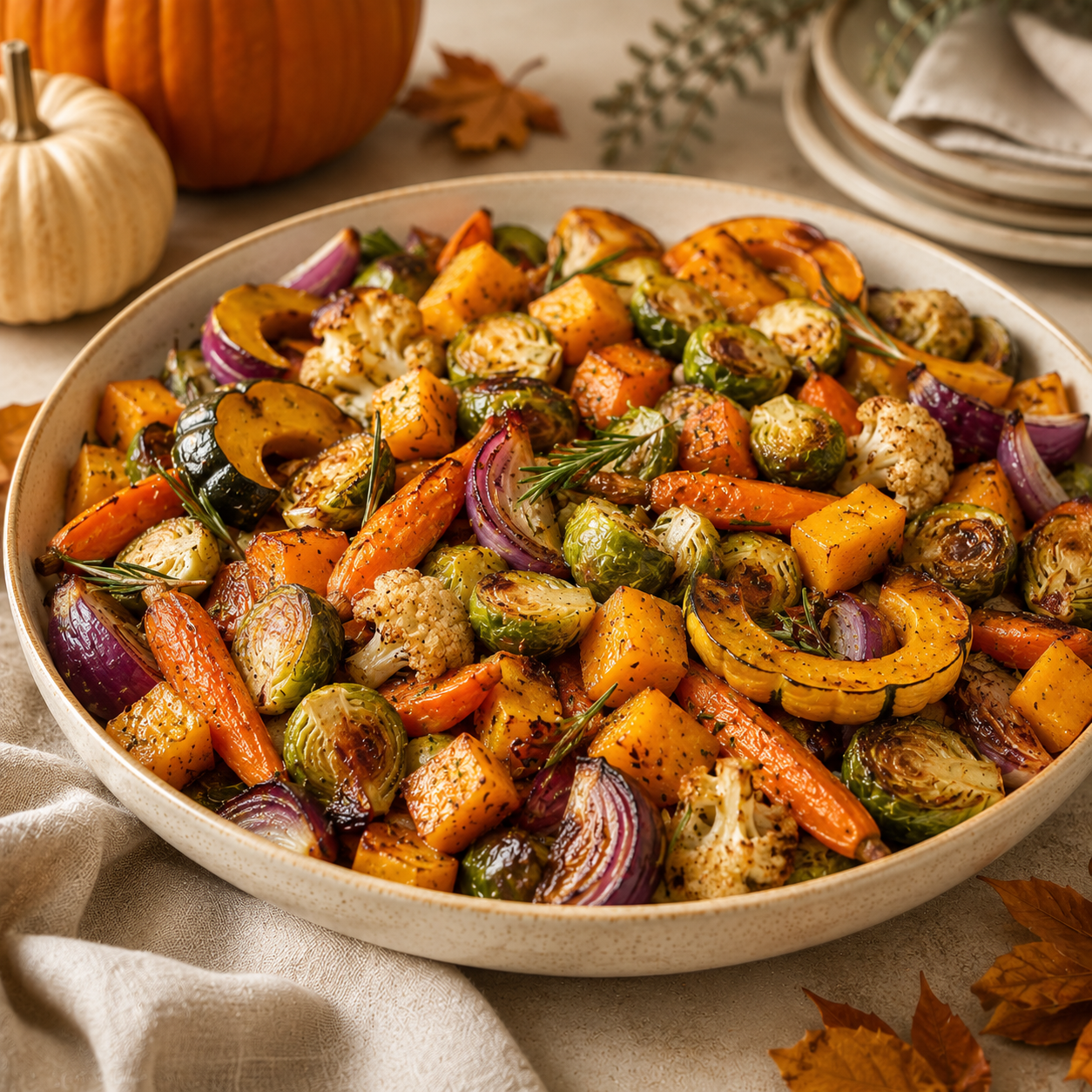 A large beige bowl filled with roasted autumn vegetables including carrots, Brussels sprouts, cauliflower, zucchini, and red onion, styled on a linen surface with pumpkins, leaves, and plates in the background.