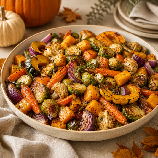 A large beige bowl filled with roasted autumn vegetables including carrots, Brussels sprouts, cauliflower, zucchini, and red onion, styled on a linen surface with pumpkins, leaves, and plates in the background.