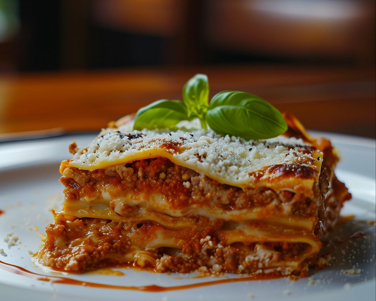 Slice of lasagna on a plate with a blurred background